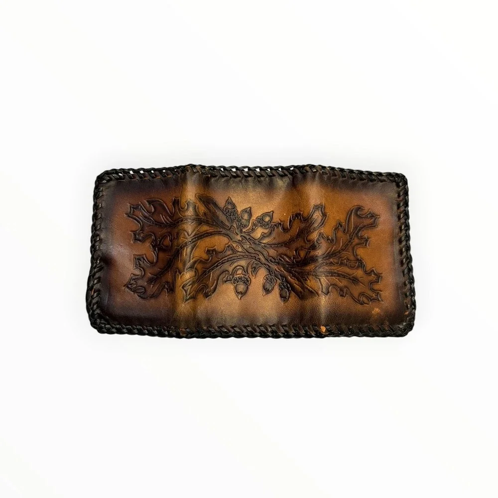 Vintage Hand Tooled Leather Trifold Wallet Oak Leaf Acorn Whipstitch Brown